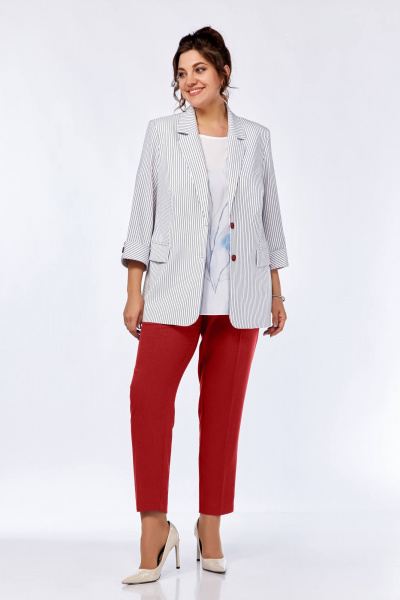 Комплект блуза брюки жакет из вискозы и льна на каждый день Ольга Стиль С-707/1 серая_полоска_красный - фото 2