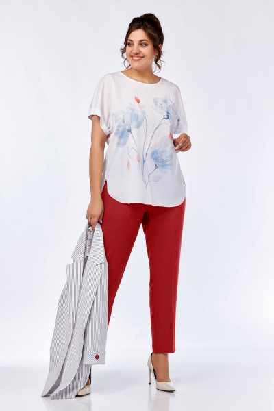 Комплект блуза брюки жакет из вискозы и льна на каждый день Ольга Стиль С-707/1 серая_полоска_красный - фото 1
