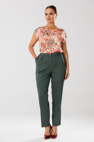 Демисезонный костюм блуза брюки жакет из текстиля с рельефами Mubliz 204 хаки-оранж - фото 11