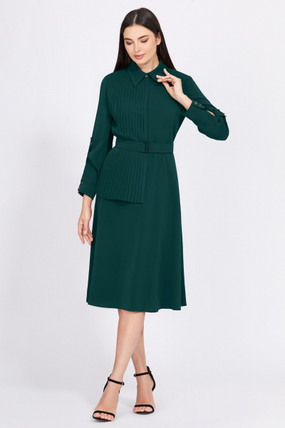 Миди платье с рукавами и поясом из текстиля Bazalini 4933 зеленый - фото 1