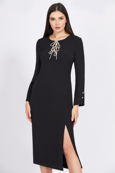 Платье миди с эффектным разрезом и поясом c пуговицами Bazalini 4958 черный - фото 2