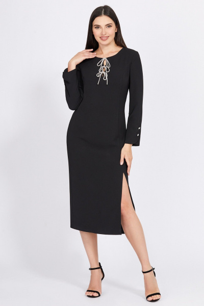 Платье миди с эффектным разрезом и поясом c пуговицами Bazalini 4958 черный - фото 1