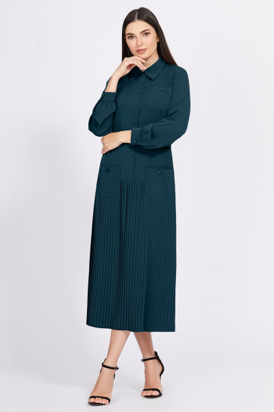 Миди платье с складками и рубашечным воротником Bazalini 4929 темно_бирюзовый - фото 1