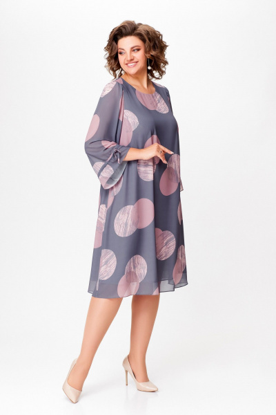 Демисезонное однотонное шифоновое платье А-силуэта с рукавом 7/8 Swallow 761 серый/принт"розовые_круги" - фото 15