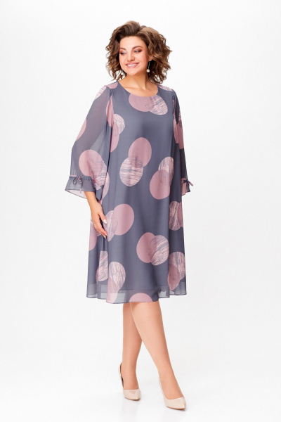Демисезонное однотонное шифоновое платье А-силуэта с рукавом 7/8 Swallow 761 серый/принт"розовые_круги" - фото 14