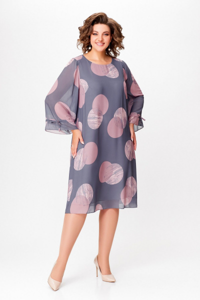 Демисезонное однотонное шифоновое платье А-силуэта с рукавом 7/8 Swallow 761 серый/принт"розовые_круги" - фото 11