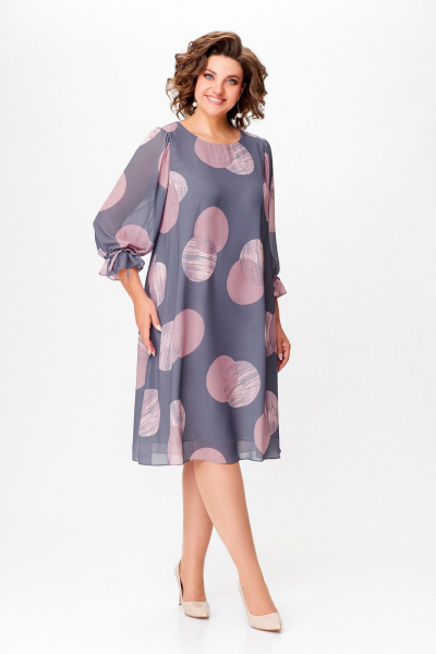 Демисезонное однотонное шифоновое платье А-силуэта с рукавом 7/8 Swallow 761 серый/принт"розовые_круги" - фото 7