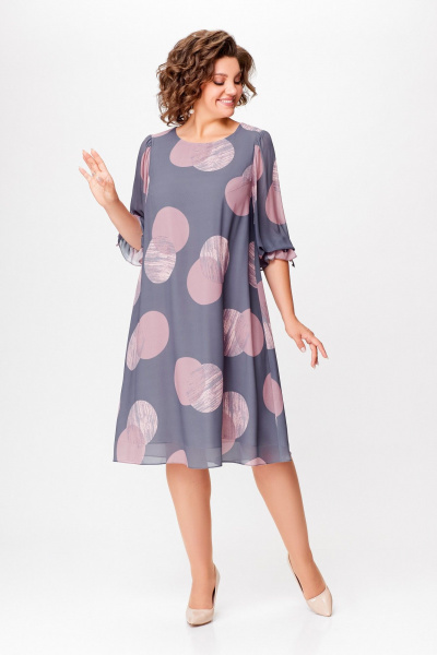 Демисезонное однотонное шифоновое платье А-силуэта с рукавом 7/8 Swallow 761 серый/принт"розовые_круги" - фото 5