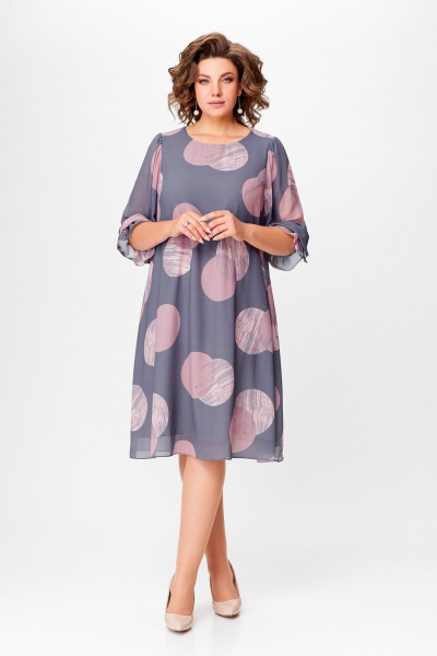 Демисезонное однотонное шифоновое платье А-силуэта с рукавом 7/8 Swallow 761 серый/принт"розовые_круги" - фото 3