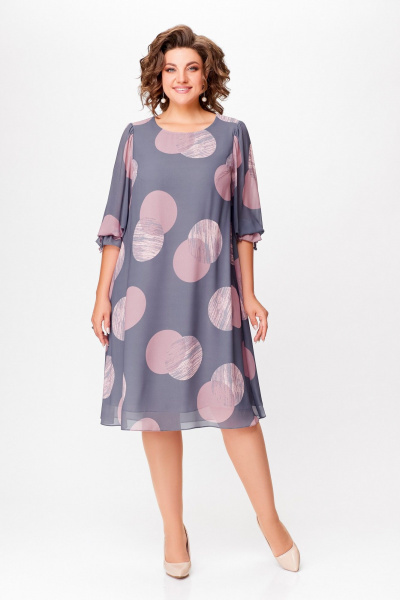 Демисезонное однотонное шифоновое платье А-силуэта с рукавом 7/8 Swallow 761 серый/принт"розовые_круги" - фото 1