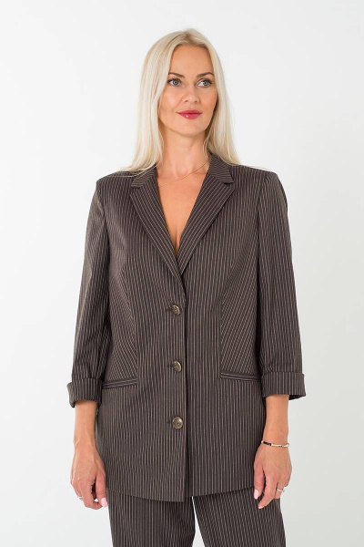 Длинный фиолетовый жакет в полоску с пуговицами и карманами Avila 0717 баклажановый - фото 1