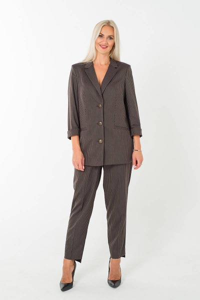 Длинный фиолетовый жакет в полоску с пуговицами и карманами Avila 0717 баклажановый - фото 2