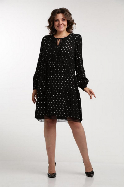 Платье с кружевом и объемным рукавом свободного силуэта Милора-стиль 1035 черный_с_принтом_"ромбики" - фото 1