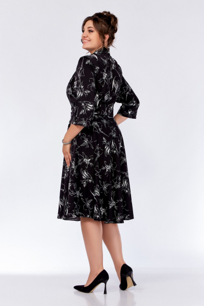 Платье Х-образного силуэта из вискозы с декоративными пуговицами Swallow 735.1 черный_принт/белые_цветы - фото 11