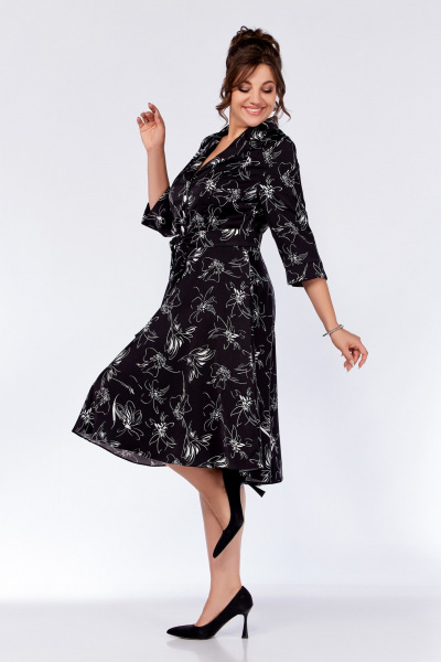 Платье Х-образного силуэта из вискозы с декоративными пуговицами Swallow 735.1 черный_принт/белые_цветы - фото 10