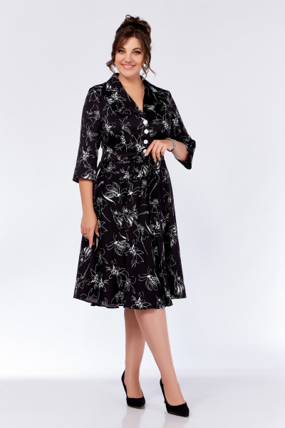Платье Х-образного силуэта из вискозы с декоративными пуговицами Swallow 735.1 черный_принт/белые_цветы - фото 9