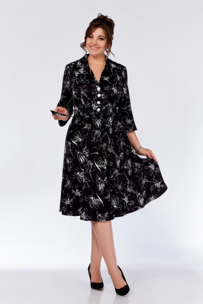 Платье Х-образного силуэта из вискозы с декоративными пуговицами Swallow 735.1 черный_принт/белые_цветы - фото 8