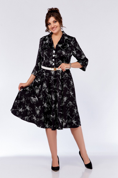 Платье Х-образного силуэта из вискозы с декоративными пуговицами Swallow 735.1 черный_принт/белые_цветы - фото 3