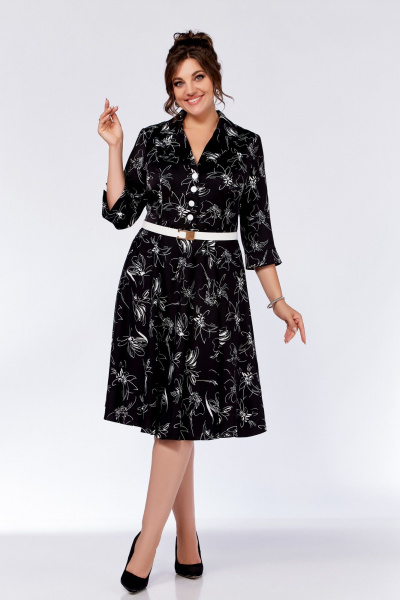 Платье Х-образного силуэта из вискозы с декоративными пуговицами Swallow 735.1 черный_принт/белые_цветы - фото 2