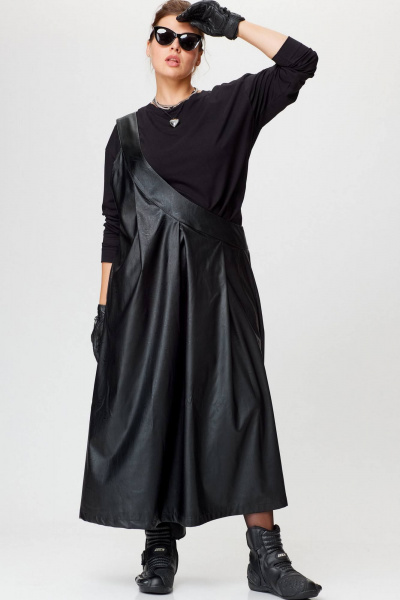 Черный сарафан из экокожи с карманом и длиной 135 см SOVA 11244 - фото 4