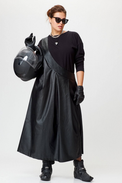 Черный сарафан из экокожи с карманом и длиной 135 см SOVA 11244 - фото 1