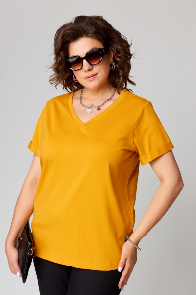 Круглогодичная хлопковая футболка с V-образным вырезом Bliss 9174 горчица - фото 4