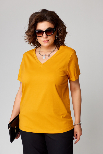Круглогодичная хлопковая футболка с V-образным вырезом Bliss 9174 горчица - фото 3