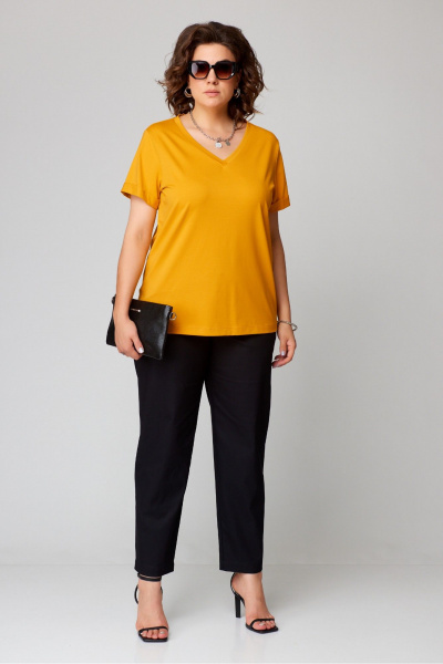 Круглогодичная хлопковая футболка с V-образным вырезом Bliss 9174 горчица - фото 2