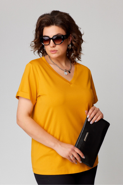 Круглогодичная хлопковая футболка с V-образным вырезом Bliss 9174 горчица - фото 1