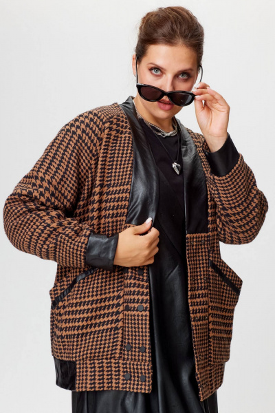 Демисезонный коричневый кардиган из пальтовой ткани с эко- кожей SOVA 11187 коричневый - фото 7