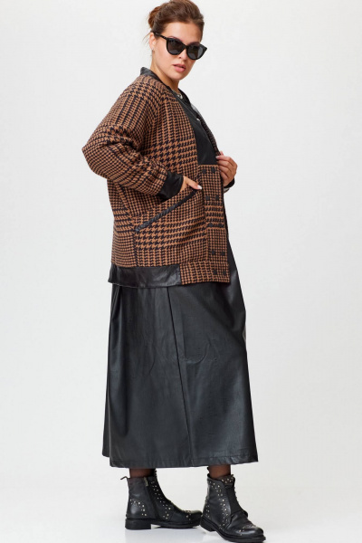 Демисезонный коричневый кардиган из пальтовой ткани с эко- кожей SOVA 11187 коричневый - фото 4