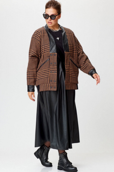 Демисезонный коричневый кардиган из пальтовой ткани с эко- кожей SOVA 11187 коричневый - фото 3