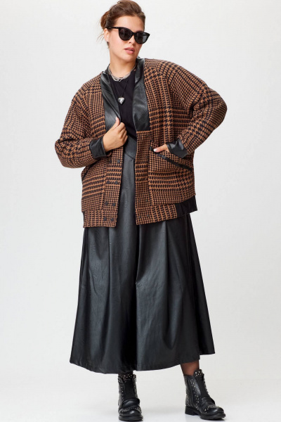 Демисезонный коричневый кардиган из пальтовой ткани с эко- кожей SOVA 11187 коричневый - фото 2