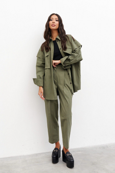 Брюки прямые из текстиля с складками, хаки ANNETE A1275 - фото 1