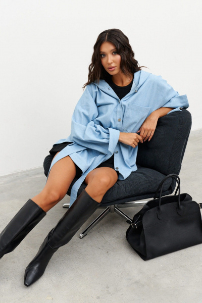 Голубой джинсовый блузон свободного кроя с поясом ANNETE A978 - фото 4