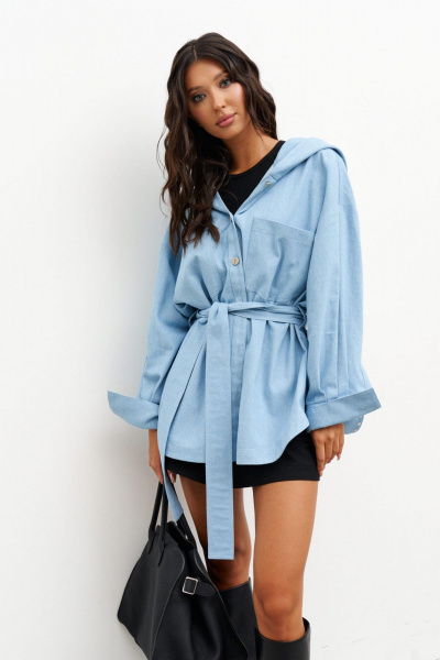Голубой джинсовый блузон свободного кроя с поясом ANNETE A978 - фото 2