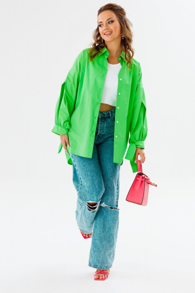 Блуза приталенная оверсайз с бал croкром и сборками Anastasia 1114 яблочный_зеленый - фото 7