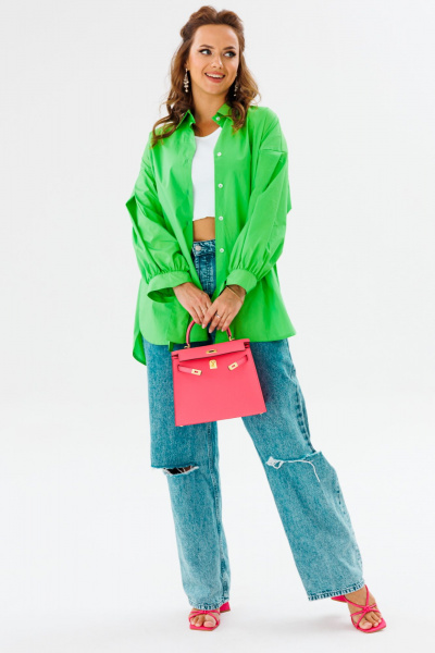 Блуза приталенная оверсайз с бал croкром и сборками Anastasia 1114 яблочный_зеленый - фото 6