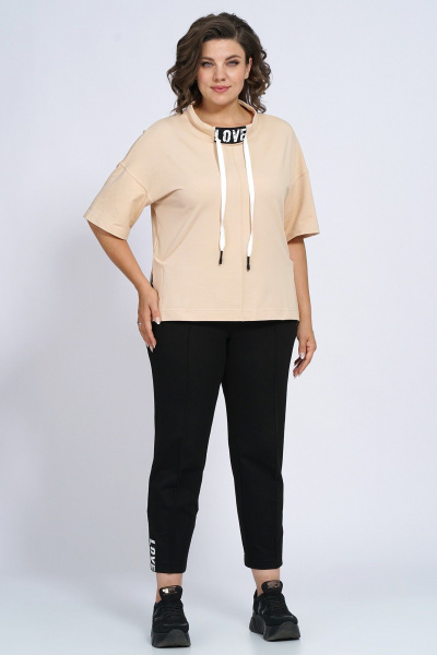 Трикотажный костюм с джемпером и брюками в нейтральных оттенках Пинск-Стиль 155 бежевый+черный - фото 6