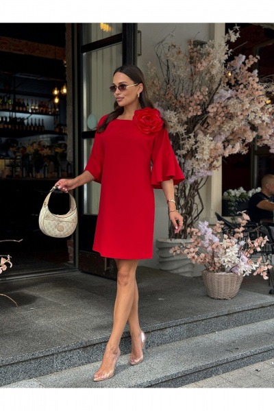 Платье А-силуэт с складками и съемной брошей-цветком Dilana VIP 2075 красный - фото 8