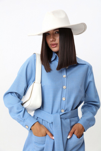 Голубое платье-рубашка из мягкой ткани с воротником и поясом LM КВ1280 голубой - фото 10