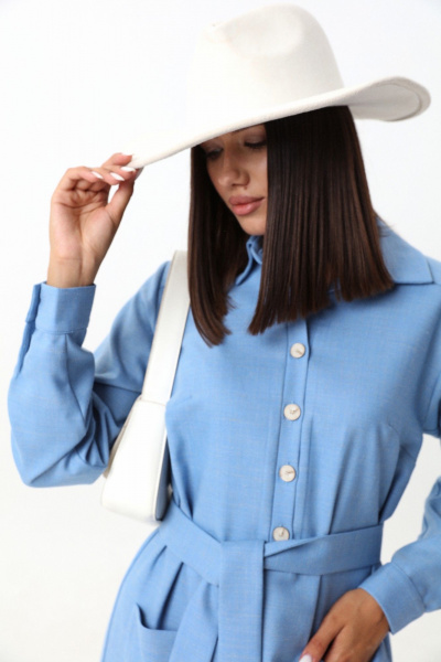 Голубое платье-рубашка из мягкой ткани с воротником и поясом LM КВ1280 голубой - фото 9