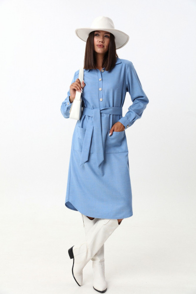 Голубое платье-рубашка из мягкой ткани с воротником и поясом LM КВ1280 голубой - фото 6