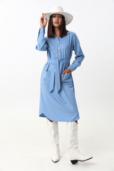 Голубое платье-рубашка из мягкой ткани с воротником и поясом LM КВ1280 голубой - фото 1