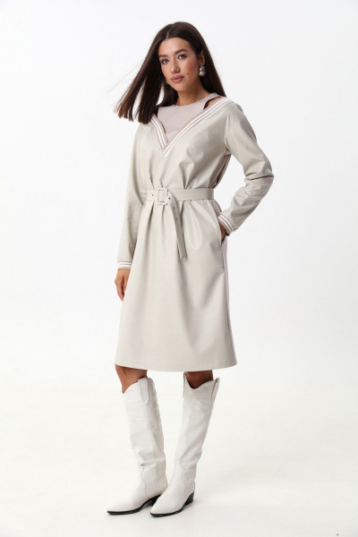 Платье свободного силуэта ниже колена с имитацией топа и открытыми плечами LM М91 беж - фото 6