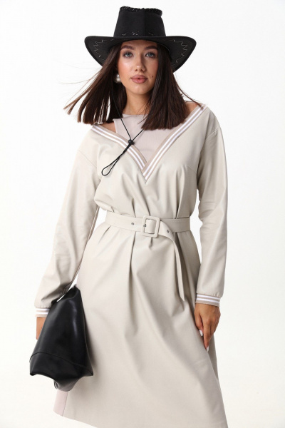 Платье свободного силуэта ниже колена с имитацией топа и открытыми плечами LM М91 беж - фото 3