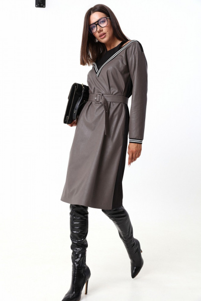 Платье свободного силуэта ниже колена с имитацией топа и открытыми плечами LM М91 серый - фото 4