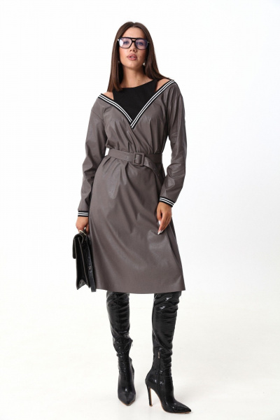 Платье свободного силуэта ниже колена с имитацией топа и открытыми плечами LM М91 серый - фото 1