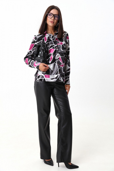 Мультиколор и черные комплект из блузы и брюк из текстиля и экокожи LM КЛ1221 - фото 3
