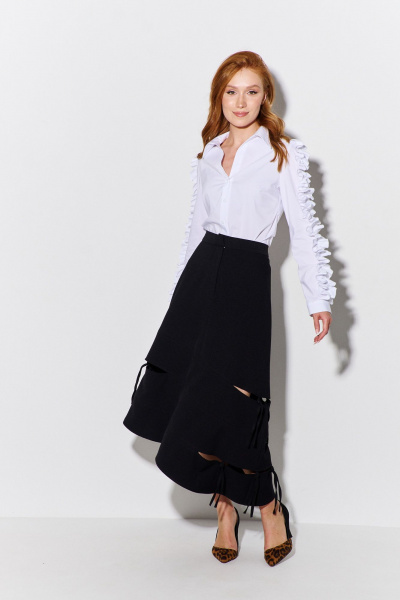 Юбка асимметричная с разрезами и поясом из костюмной ткани FLAIM 1091 черный - фото 4